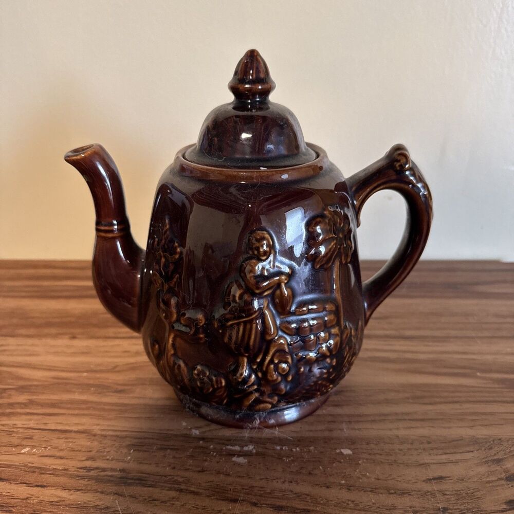 VTG Rockingham brown glazed ceramic teapot Rebecca At the Well 8.5'' tall